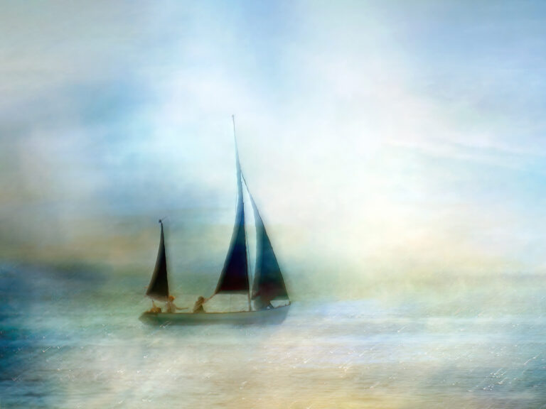 Homeward Bound is a creative digital fine art seascape of a sailing boat boat at Mudeford in Dorset