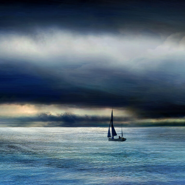 An atmospheric digital art Coastal image of a sailing boat sailing into the horizon after a storm at West Bay in Dorset.
