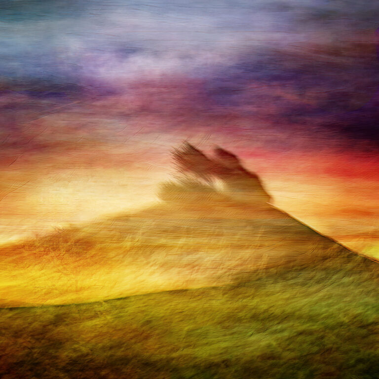 A creative digital art print of the Dawn colours over Colmers Hill in Symondsbury, Dorset