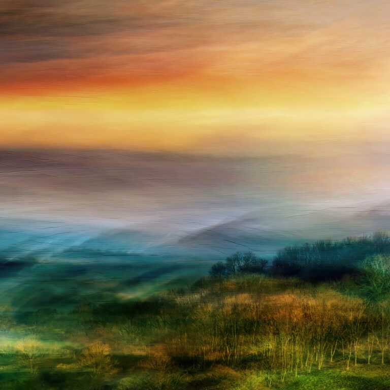 A creative digital art image of the mists at Dawn over the trees and hills at Symondsbury in Dorset.