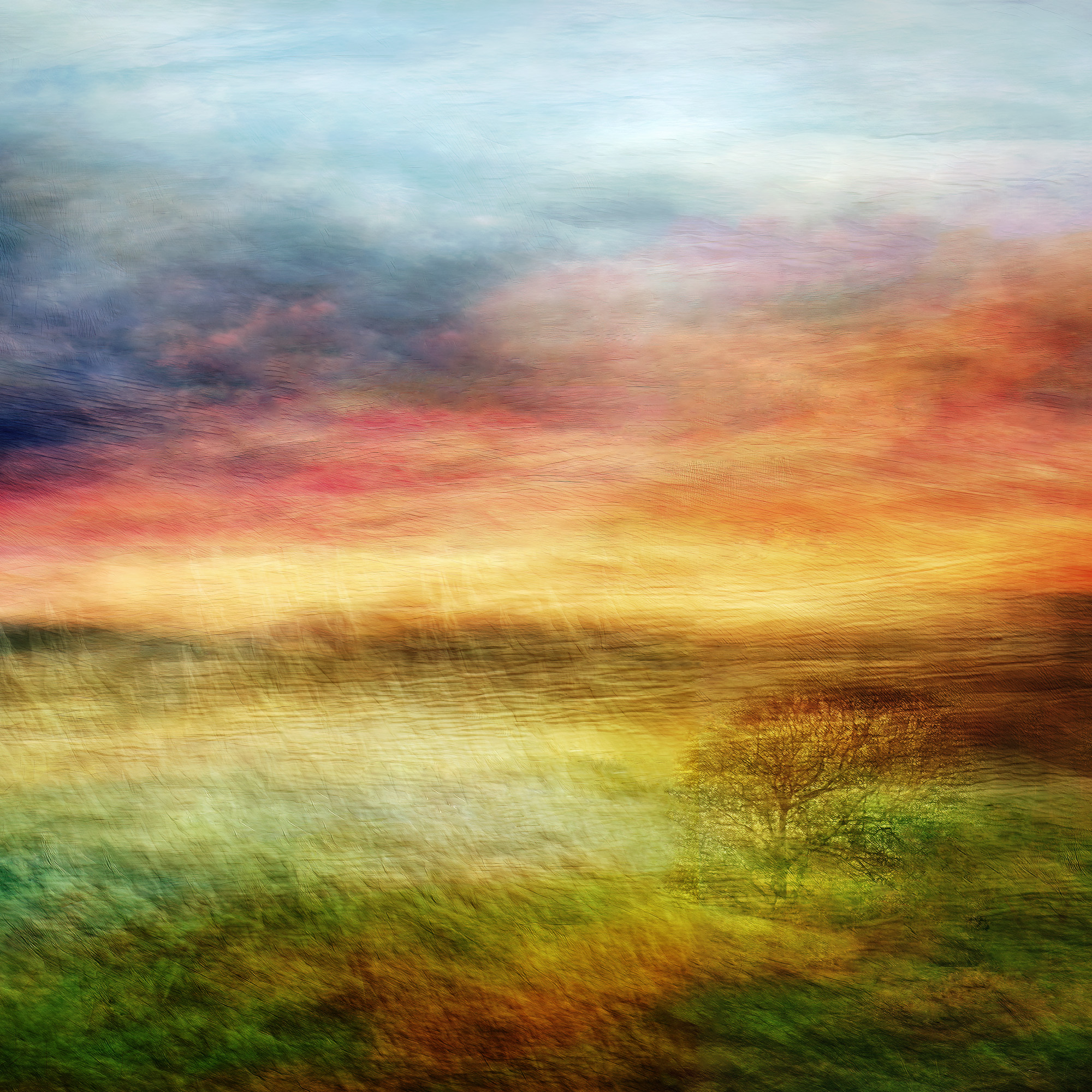 An atmospheric digital art image of a beautiful Dawn sunrise at Symondsbury in Dorset.