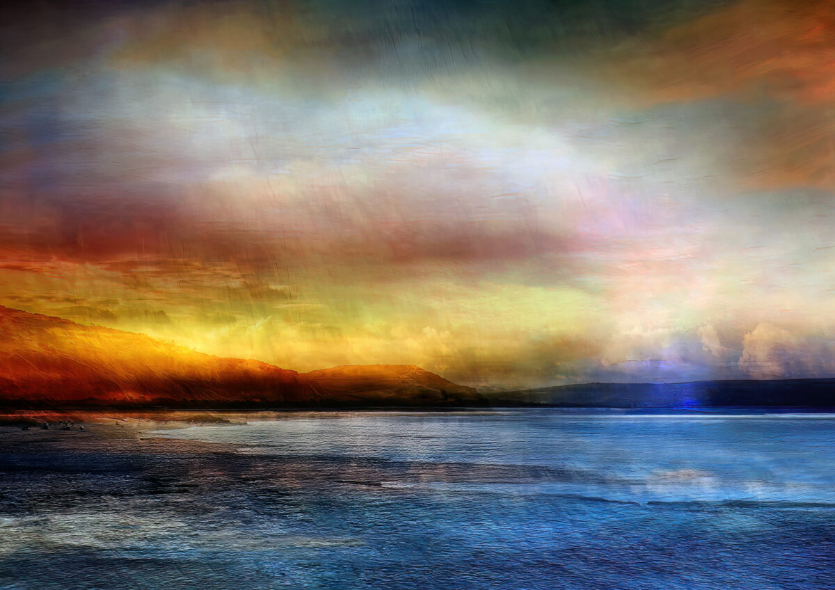 Ebb and Flow is a Contemporary and painterly Seascape of a dramatic Dawn at Golden Cap in Dorset.