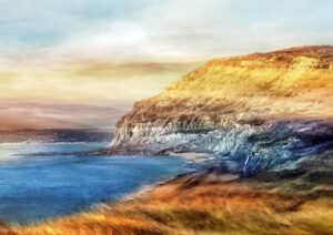A contemporary and colourful fine art photographic Giclee print of Golden Cap in Charmouth, Dorset during the summer.