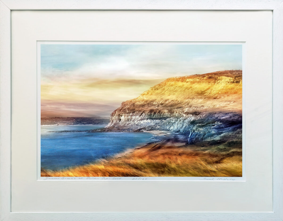 A fine art photographic Giclee print of Golden Cap in Charmouth, Dorset during the summer.